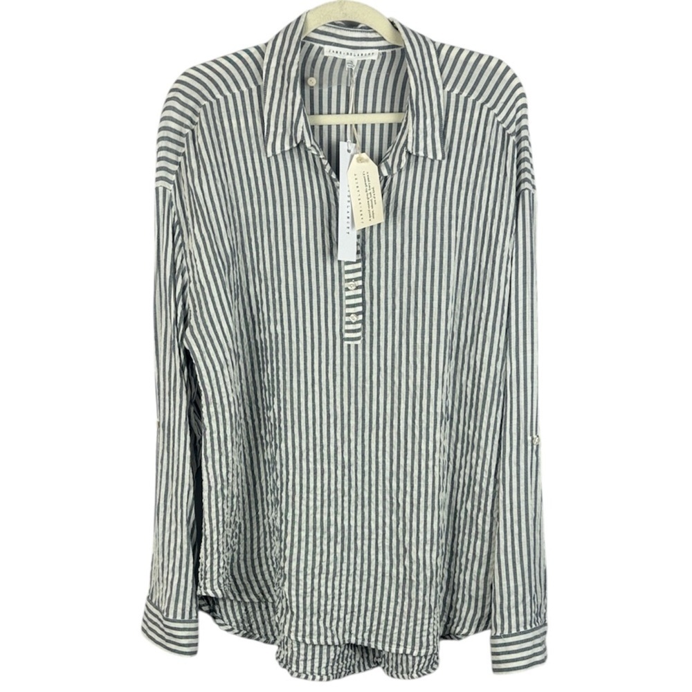 Jane + Delancey Striped Seersucker Henley Roll-Up Sleeve Top - XL